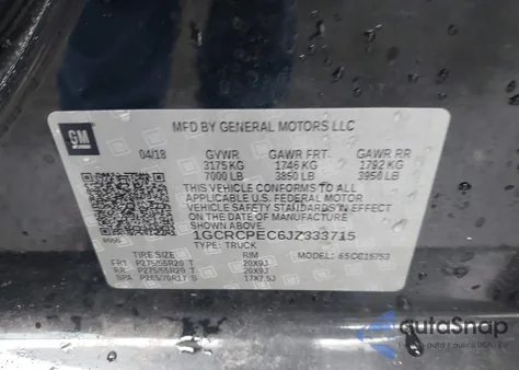 2018 Chevrolet Silverado 1500 Custom from USA, damaged, VIN 1GCRCPEC6JZ333715